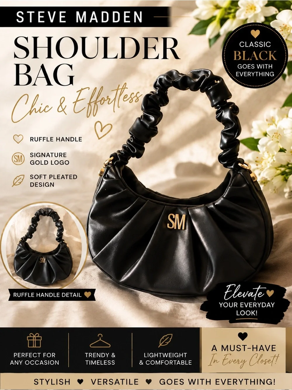 Steve Madden PLEATS  BLACK SLINKY Strap Crossbody Hobo handbag Faux leather